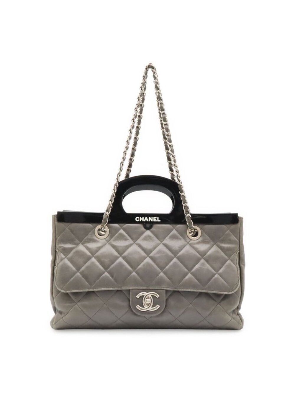 Chanel Quilted CC Delivery 2-Way Chain Shoulder Bag Calfskin Gray Black Silver